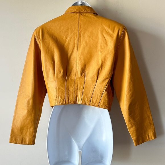 VINTAGE Yellow Cropped Genuine Leather Double Breast Jacket By Yucatan Bay Sz M - Picture 5 of 13